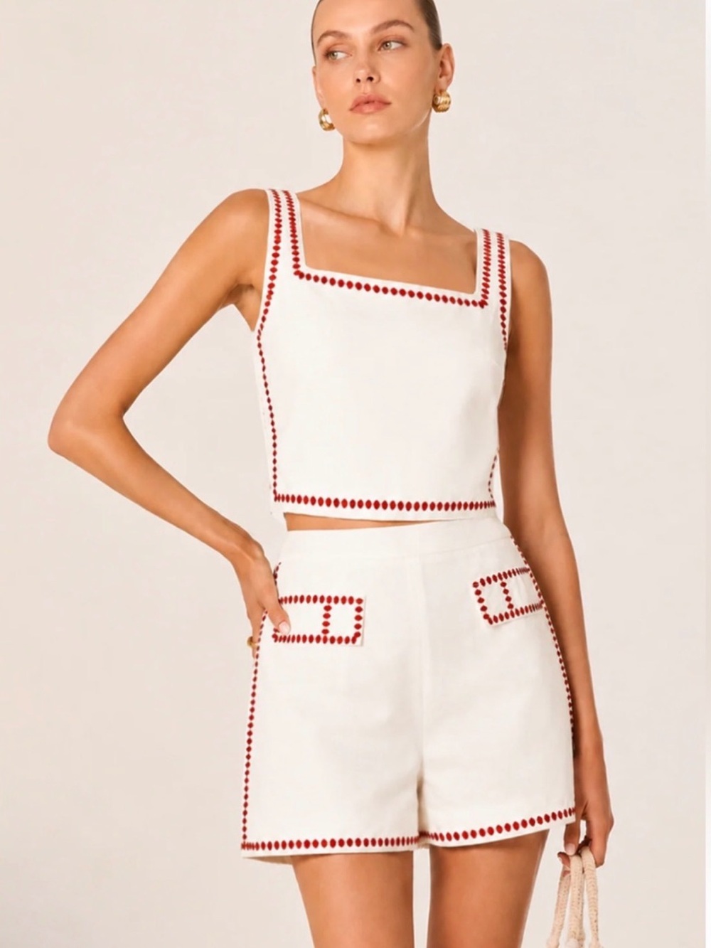 NWT Commense White Cropped Tank & High-Waist Shorts with Red Trim XS